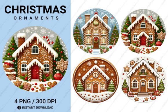 4 Christmas Gingerbread Home Ornaments: Graphics for Crafts
