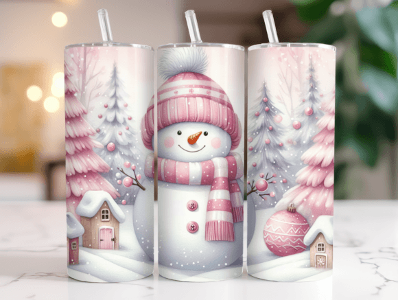 Christmas Pink Snowman Tumbler Wrap Graphics