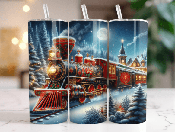 Christmas Train 20oz Tumbler Wrap PNG: Graphics for Festive Tumbler Wraps
