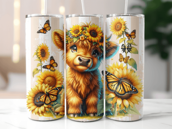 Highland Cow Butterflies Tumbler Wraps Graphics