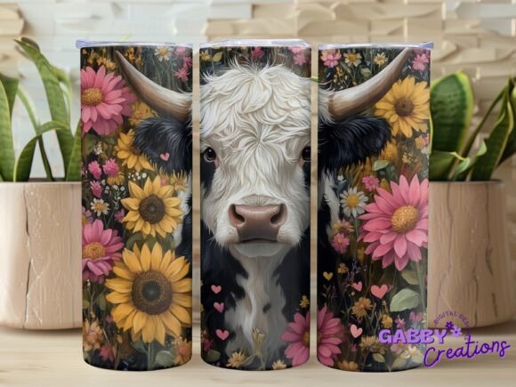 Highland Cow Floral Tumbler Wraps Graphics