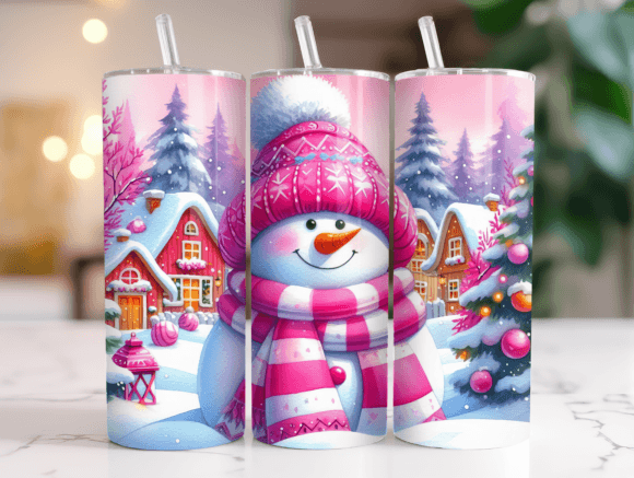 Pink Snowman Christmas Tumbler Wrap PNG Graphics