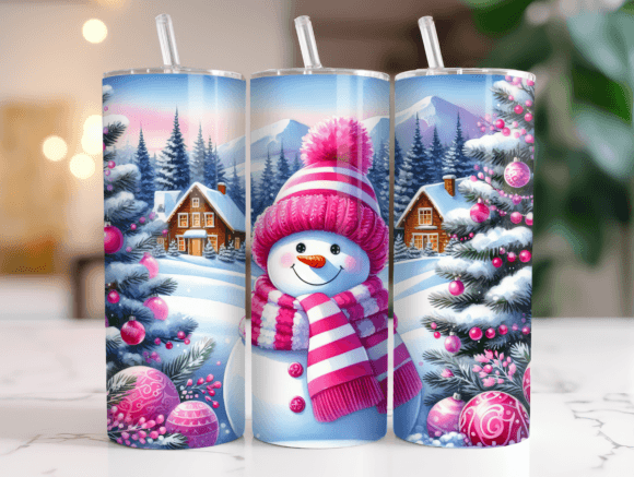 Pink Snowman Xmas Tumbler Wrap PNG Graphics