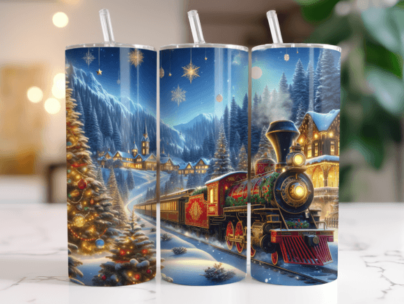 Vintage Christmas Train Tumbler Wrap PNG Graphics