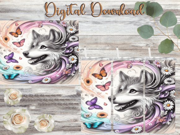 Whimsical Wolf Daisies Butterflies Graphics for Tumbler Wraps